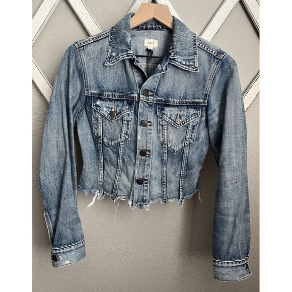 Able Women’s S Niabi Raw Hem Cropped Denim Jean Jacket Distressed - Picture 1 of 11